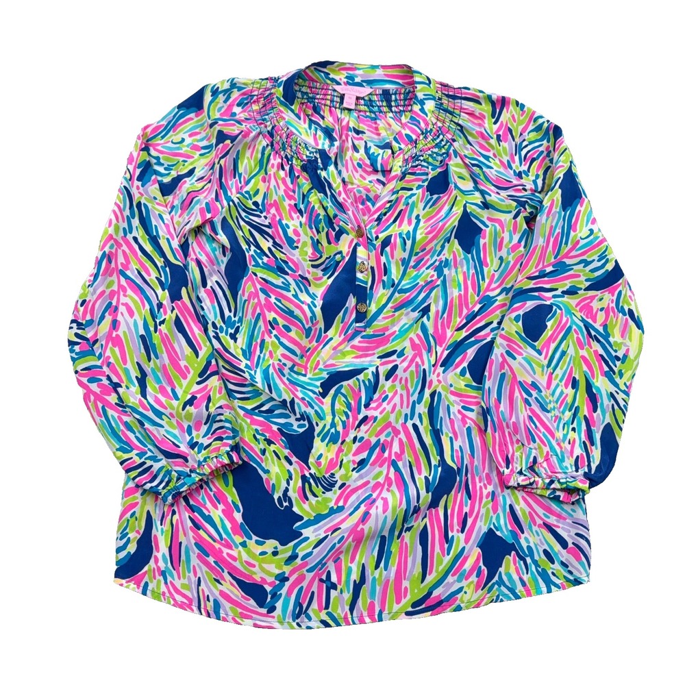 Lilly Pulitzer Elsa Silk Top XS Multicolor Long Sleeve Blouse Pink Blue Vibrant